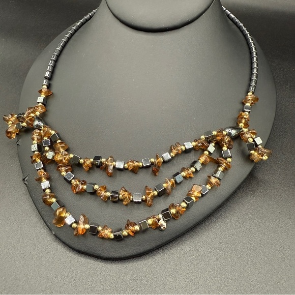 Hematite and Faux Amber Beaded Necklace - Picture 1 of 13